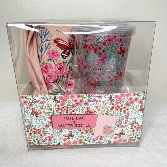 Unbranded Water Bottle Tote Bag Plastic Gift Set Tumbler with Straw Floral New - Picture 1 of 3
